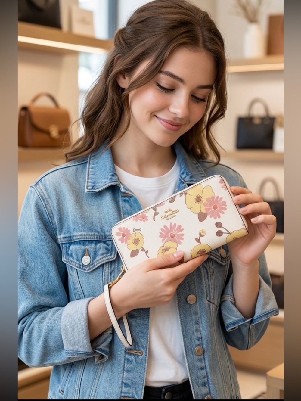 Coach Cream Floral Zip Wristlet with Pink & Yellow Blooms